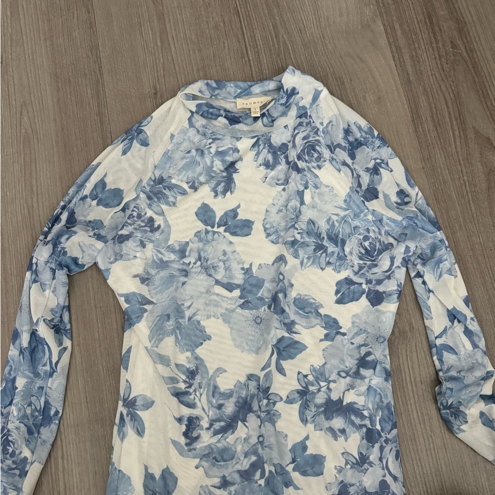 Promesa Light Blue Floral Sheer Mesh Top